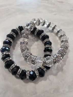 Crystal Bead Stretch Bracelet Set - Black & Clear
